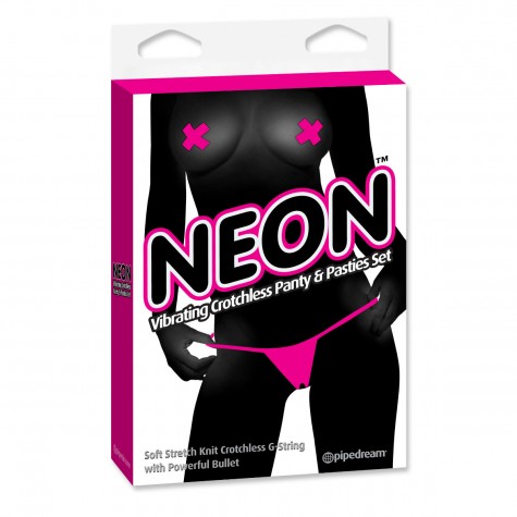 Ярко-розовые вибротрусики с вырезом и пэстисы Neon Vibrating Crotchless Panty and Pasties Set